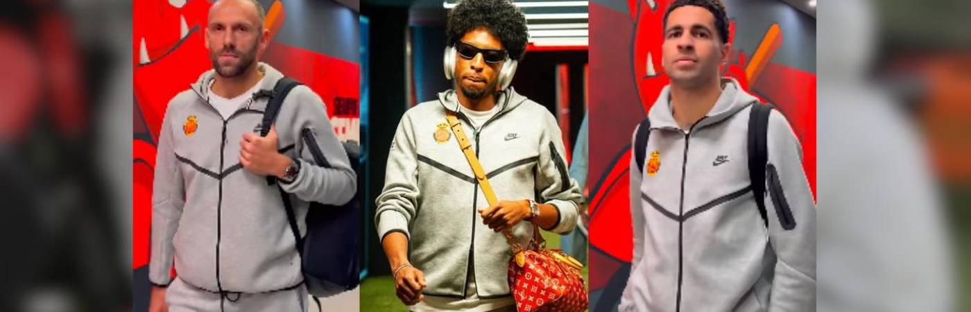 El colombiano Johan Mojica (centro) y sus compañeros del Mallorca llegando a partido vestidos como Maduro. FOTO: @JOHANMOJICA Y REDES SOCIALES