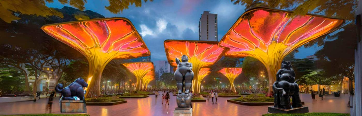 Plaza de Botero con árboles gigantes luminosos. /FOTO: IA CANVA