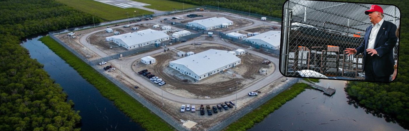 Cárcel Alligator Alcatraz USA./FOTO: X @catturd2 y AFP (Trump)