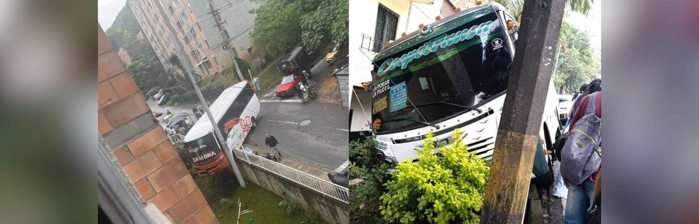 Así quedaron los buses tras los accidentes ocurridos en Bello (izq.) y Manrique (der.). FOTO: CORTESÍA ALCALDÍA DE BELLO, CORTESÍA DENUNCIAS ANTIOQUIA