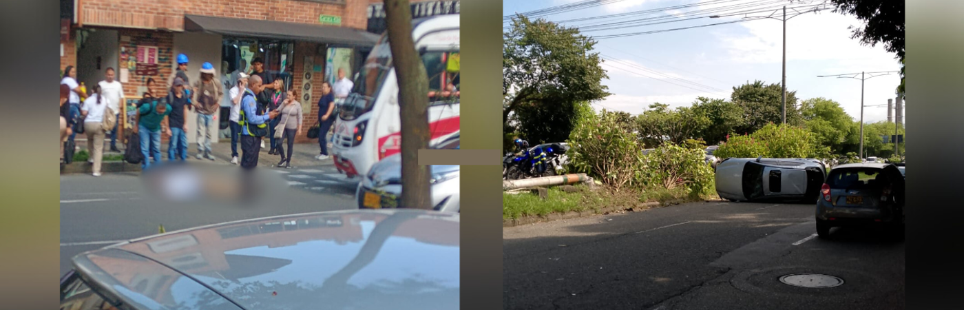 Fallecimiento adulto mayor (Izq) y choque múltiple (Der), ambos en Envigado. /FOTOS DENUNCIAS ANTIOQUIA