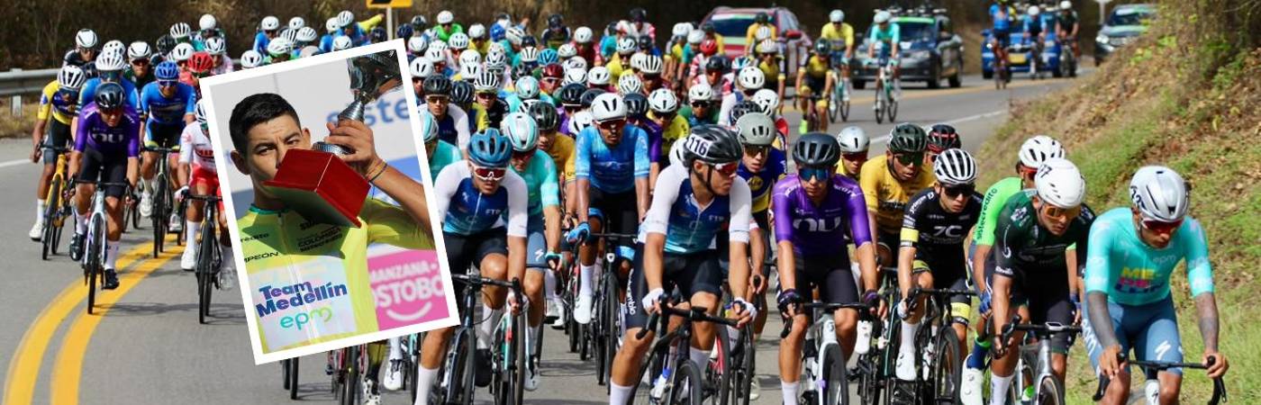 El pelotón de la Vuelta entró a Antioquia, pero hasta ahí llegó la carrera (fondo) y Diego Camargo (detalle) se quedó con el título, rompiendo el dominio Rodrigo Contreras, que llevaba 3 años siendo campeón . FOTO: CORTESÍA JHOAN MARULANDA