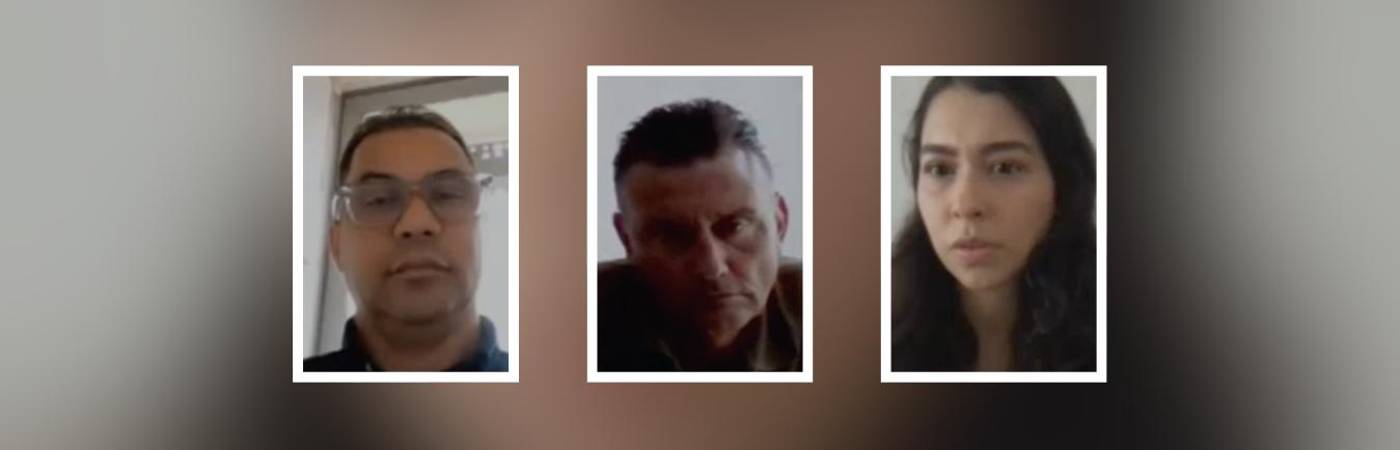 Juan Carlos Torres Ojeda (izq.), Santiago Ortega Mateos (centro) y Estefanya Cuervo Sánchez (der.), tres de los cinco exfuncionarios de Daniel Quintero que fueron acusados. FOTO: FISCALÍA
