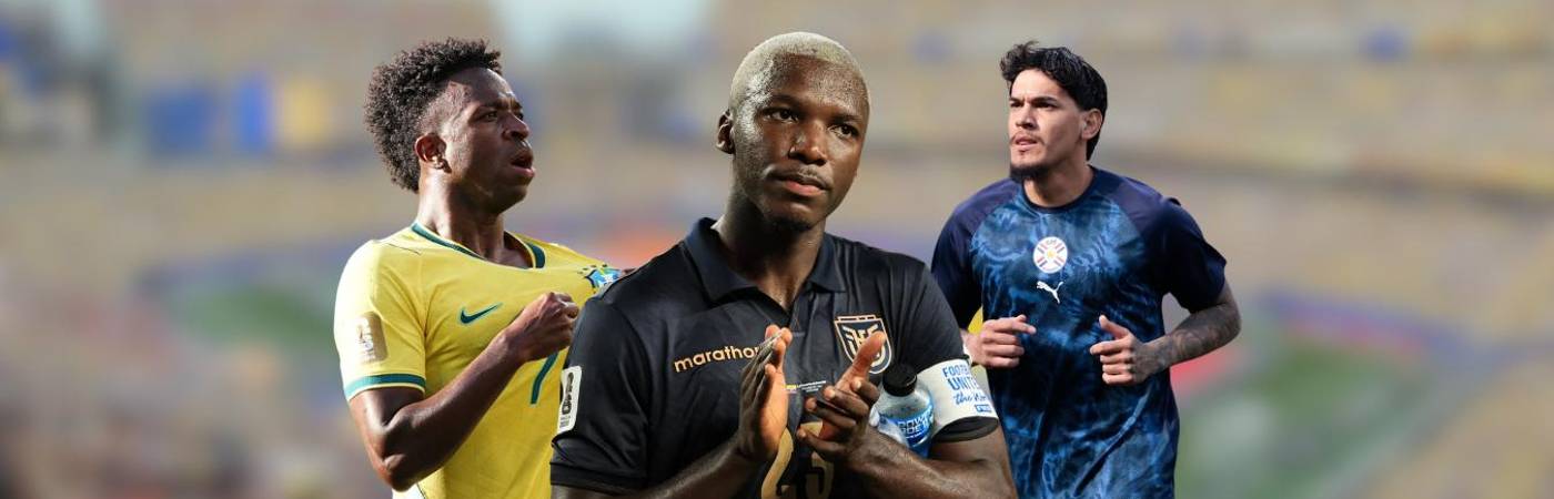 De izquierda a derecha: Vinicius Junior (Bra), Moisés Caicedo (Ecu) y Gustavo Gómez (Par). FOTOS: TOMADAS DE X @ANDRESNADF, @MADOXX_CFC Y @ALBIRROJA