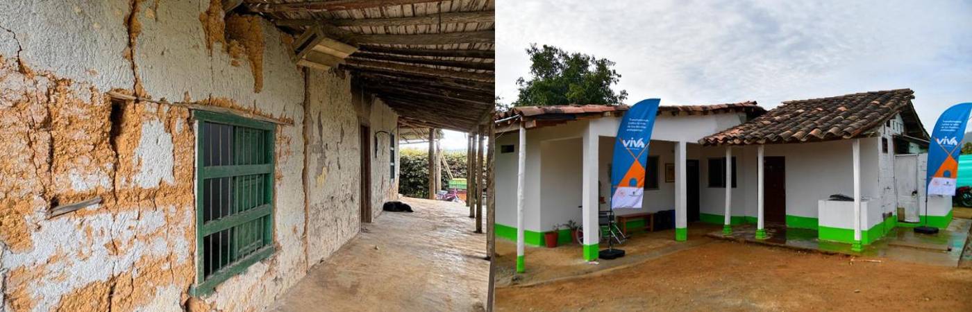 Antes y después de la primera vivienda remodelada en Antioquia tras el terremoto en Colombia. FOTOS: CORTESÍA GOBERNACIÓN DE ANTIOQUIA
