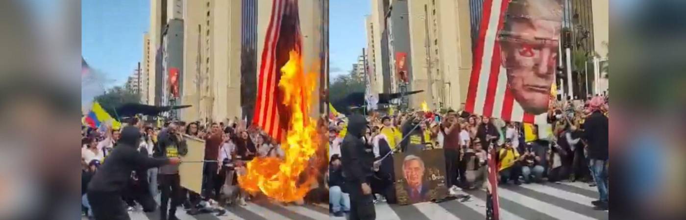  Quema de bandera estadounidense durante manifestación en Medellín. FOTO: REDES SOCIALES