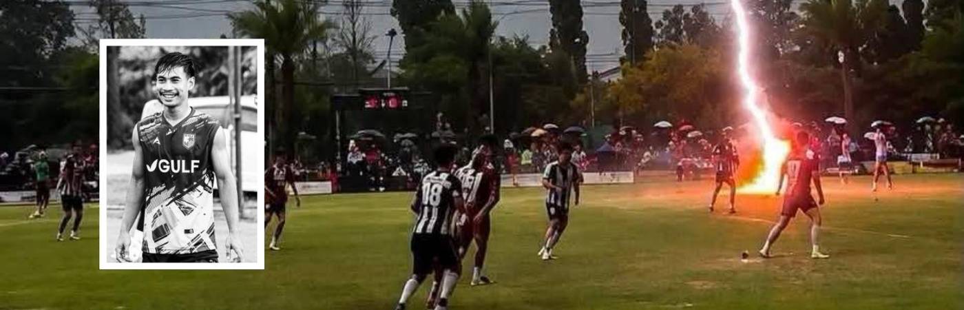 El futbolista tailandés Sofwan Awae (izq.) murió tras ser impactado por un rayo (fondo). FOTO: @MYNEWSHOUB