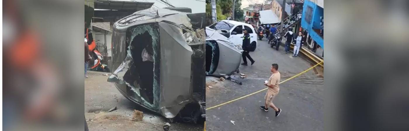 Así quedó el vehículo tras el fuerte impacto. FOTOS: TOMADAS DE DENUNCIAS ANTIOQUIA (IZQUIERDA) Y ANTIOQUIA CONECTA (DERECHA).