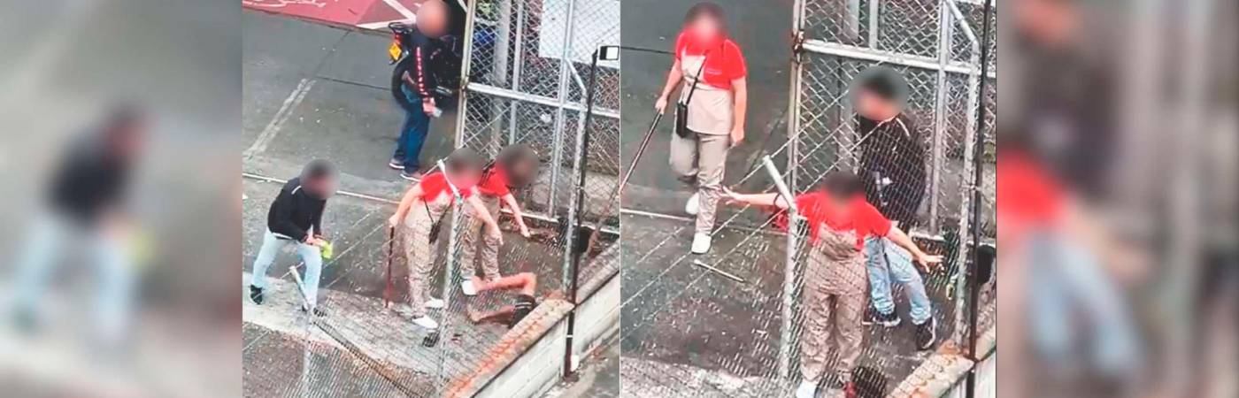 Con palos y a patadas agredieron al habitante de calle y una trabajadora de la panadería trató de mediar para que no lo siguieran golpeando. /FOTOS: CAPTURA DE VIDEO