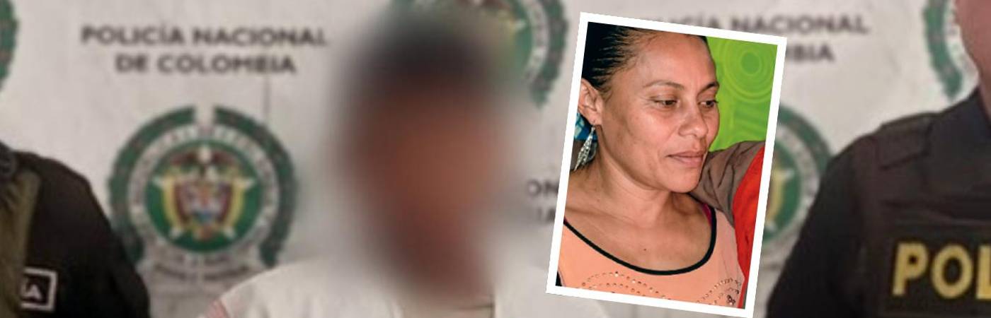 Luz Edilma Chavarría Misas como víctima (detalle) y captura de su esposo como presunto feminicida. FOTO: TOMADA DE HORA 13 (VÍCTIMA) Y CORTESÍA DEPARTAMENTO DE POLICÍA ANTIOQUIA (SEÑALADO RESPONSABLE)