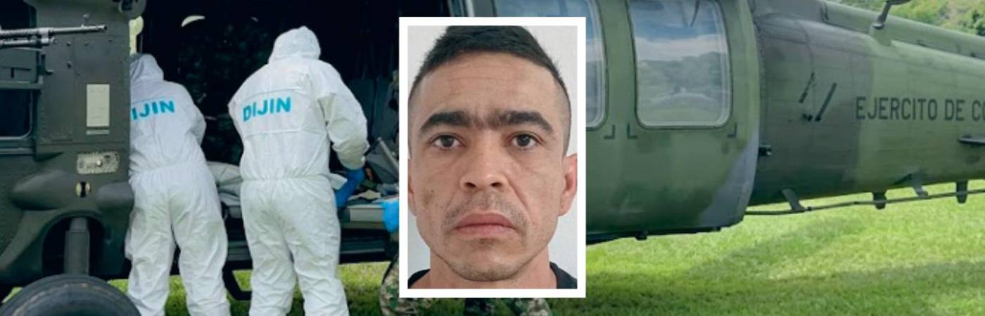 El cadáver de Edward Alexánder Cartagena Ortiz, alias Cartagena, fue sacado de la zona donde fue abatido en un helicóptero del Ejército Nacional. FOTO: TOMA DE VIDEO EJÉRCITO NACIONAL (FONDO) Y CORTESÍA (DETALLE)