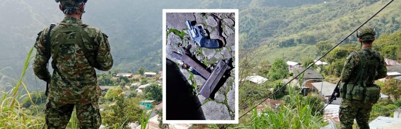 Referencia soldados custodiando zona rural de Antioquia y armamento incautado en combate (detalle). FOTOS: CORTESÍA EJÉRCITO NACIONAL (FONDO) Y SÉPTIMA DIVISIÓN (DETALLE)