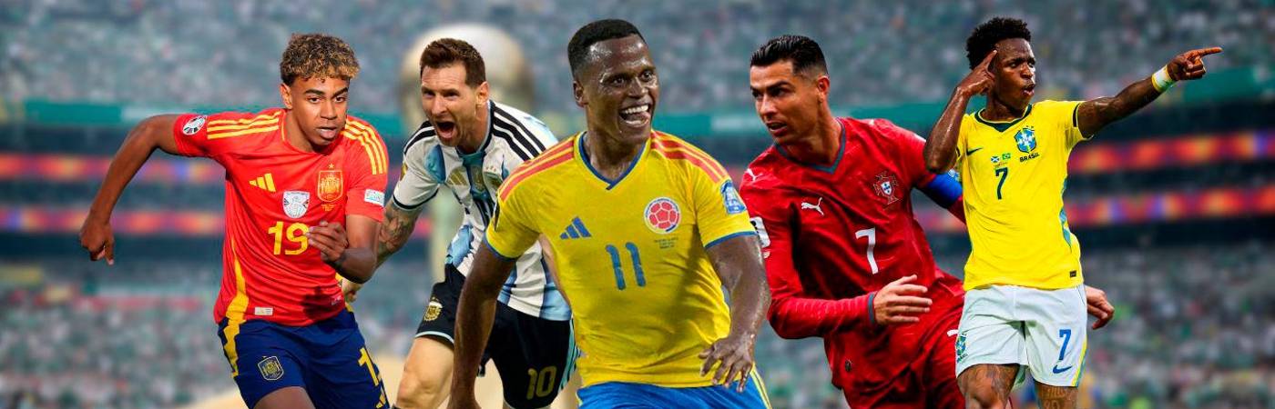 De izquierda a derecha: Lamine Yamal (España), Lionel Messi (Argentina), Jhon Arias (Colombia), Cristiano Ronaldo (Portugal) y Vinícius Jr (Brasil). FOTOS: GETTY (FONDO) Y REDES SOCIALES