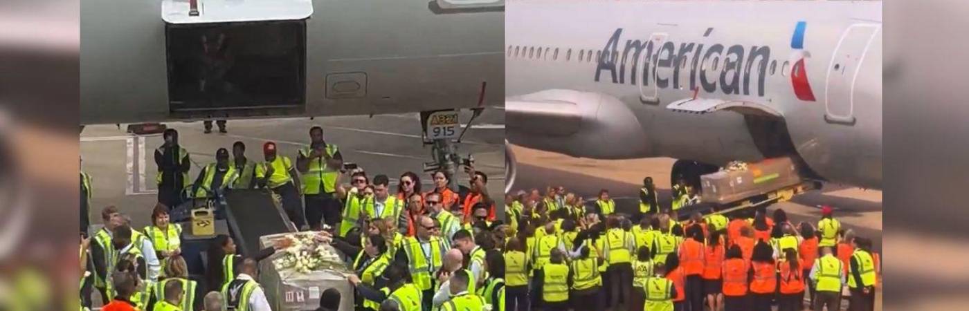 Entre flores, lágrimas y la compañía de sus compañeros llegó el cuerpo de Fernando a Dallas. FOTO: CAPTURA DE PANTALLA X