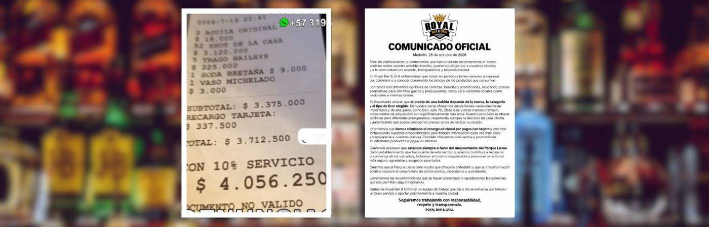 El bar dijo que eliminará el recargo por pago con tarjeta. FOTOS: DENUNCIAS ANTIOQUIA E INSTAGRAM @ROYAL_BARGRILL