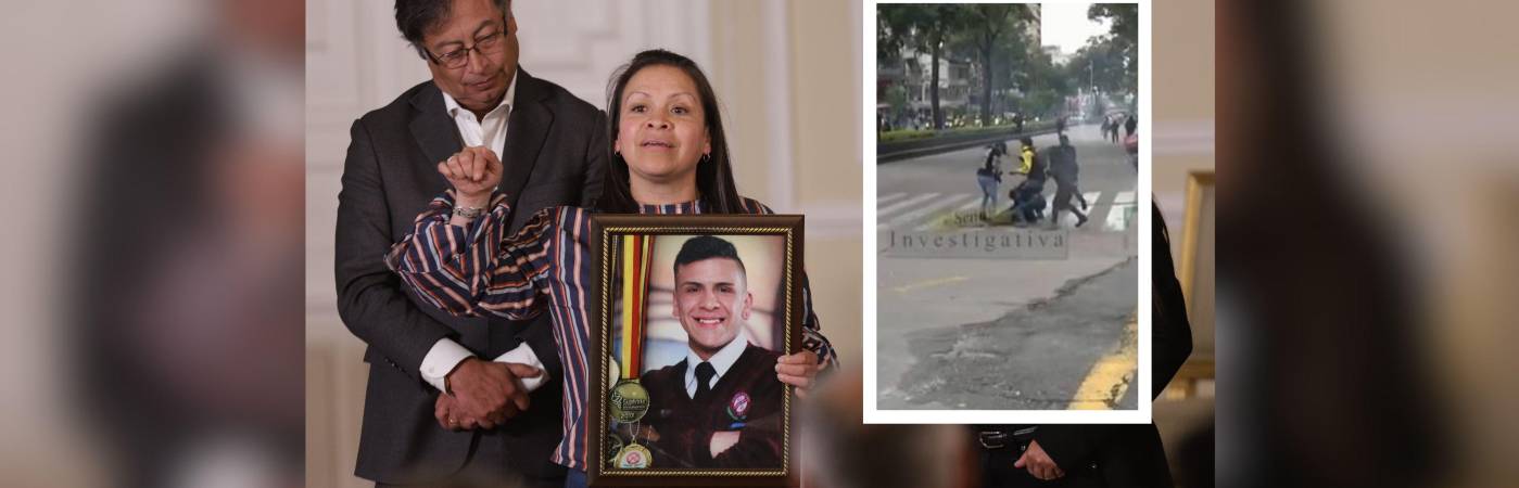 El presidente Gustavo Petro nuto a Jenny Alejandra Medina, madre de Dilan Cruz. En el recuadro el momento en el que el joven cayó herido. FOTOS: COLPRENSA - ÁLVARO TAVERA Y CAPTURA DE VIDEO SEÑAL COLOMBIA.
