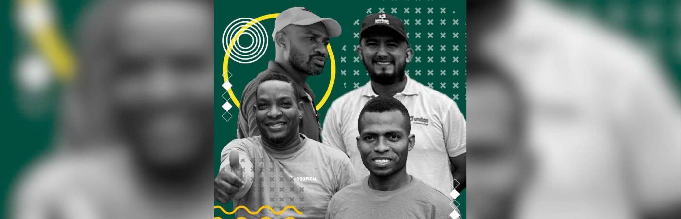 Esmith Santana, (arriba a la Izq.), Emerson Chaverra (abajo a la Izq.), Steven López (arriba a la Der.) y Luis Alberto Valdés, son cuatro trabajadores bananeros que hoy disfrutan de tener casa propia gracias al apoyo del sector. Fotos: Danilo Gómez Cogollo. 