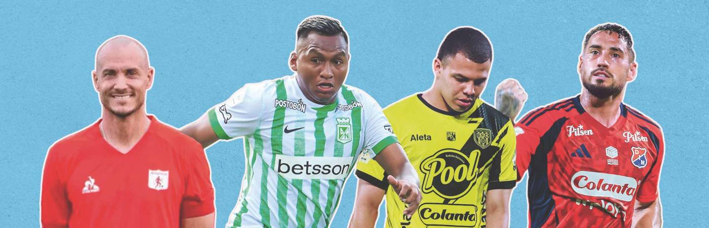 De izquierda a derecha: David González, DT de América de Cali; Alfredo Morelos, delantero de Naciona; Juan Pablo Montoya, arquero de Envigado, y Francisco Fydriszewski, delantero del DIM. /FOTOS: INSTAGRAM @americadecali Y ARCHIVO 