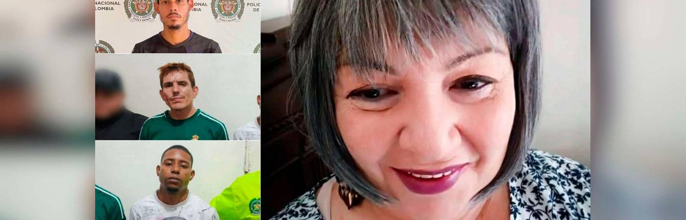 Los capturados son, de arriba a abajo, Juan Camilo Carvajal Burbano, Deiby Yulián Posso Pretel y Yuván Daniel Arenas Gómez. A la derecha la periodista María Victoria. /FOTO: CORTESÍA 