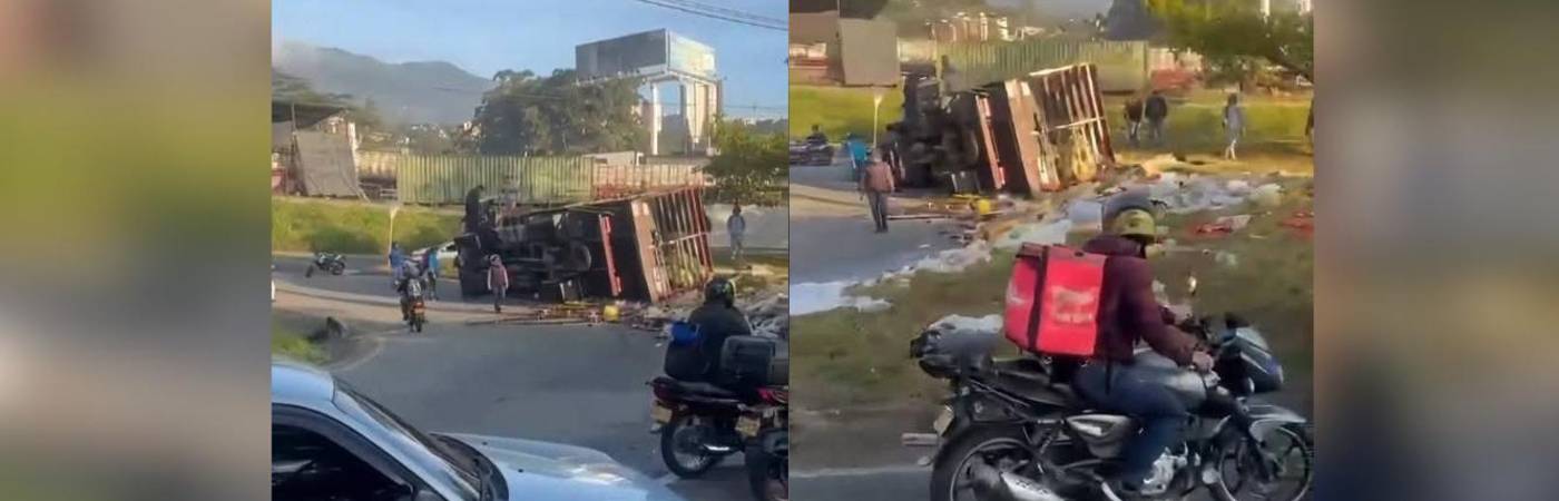Así quedó el camión tras el volcamiento. FOTOS: CAPTURAS DE VIDEO TOMADAS DE FACEBOOK CHISMESFRESCO PAISA #2