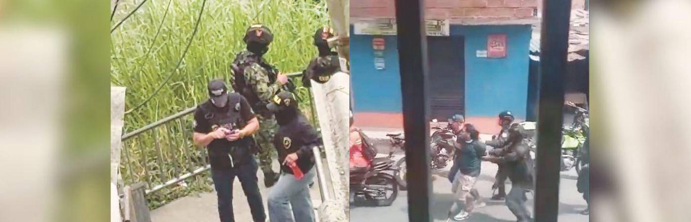 En la primera hay miembros de la Fuerza Pública en las escaleras donde murieron los 2 hombres el 16 de mayo. En la segunda, el momento en que fue capturado un hombre. FOTOS: CORTESÍA Y TOMA DE VIDEO