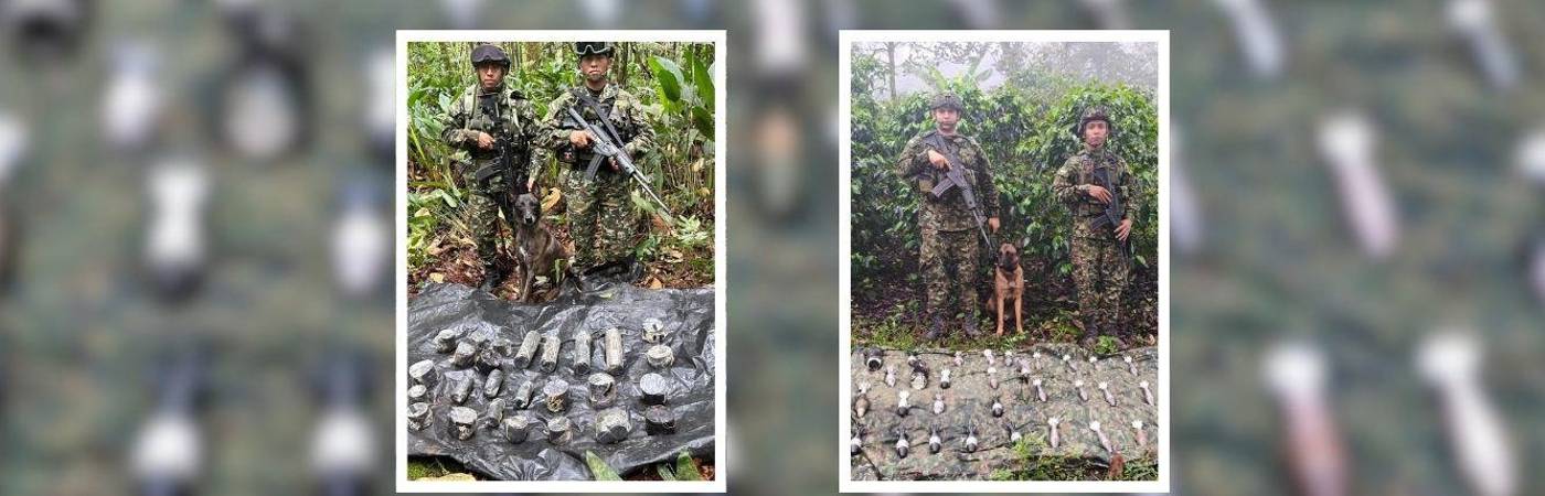 A la izquierda, hallazgo de explosivos en Tame, Arauca; a la derecha, hallazgo de explosivos en Cajibío, Cauca. FOTOS: COLPRENSA Y X @COL_EJERCITO