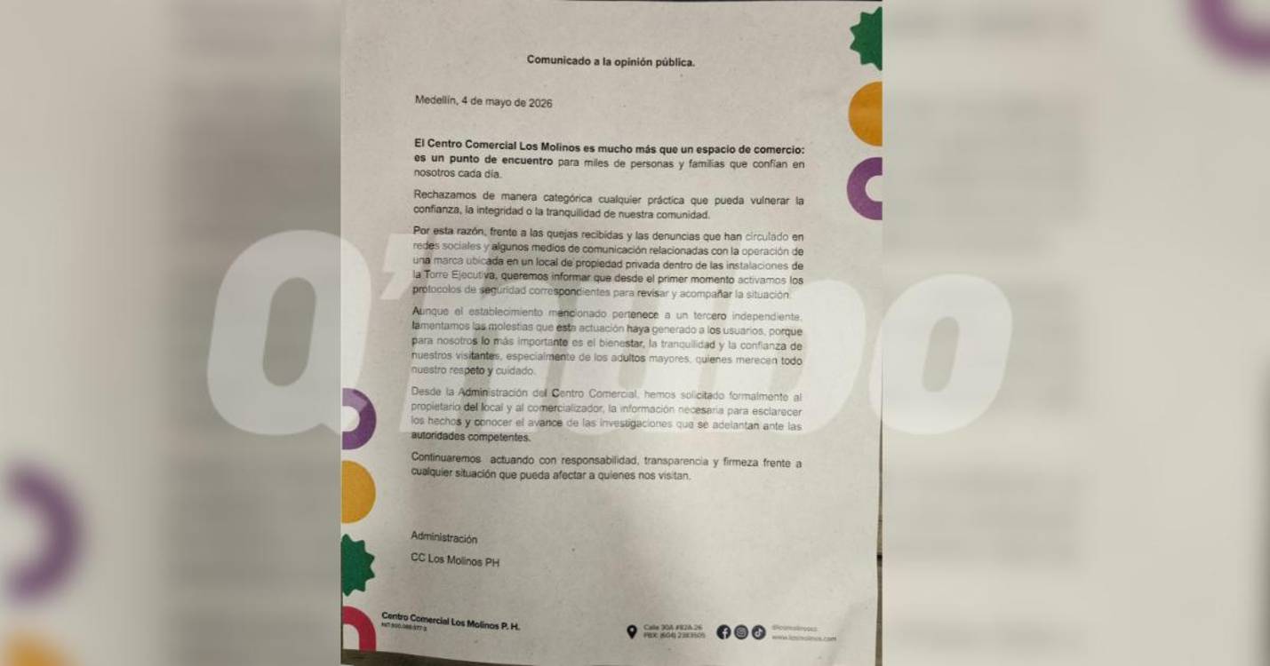 Comunicado del centro comercial Los Molinos. FOTO: MAURICIO PALACIO