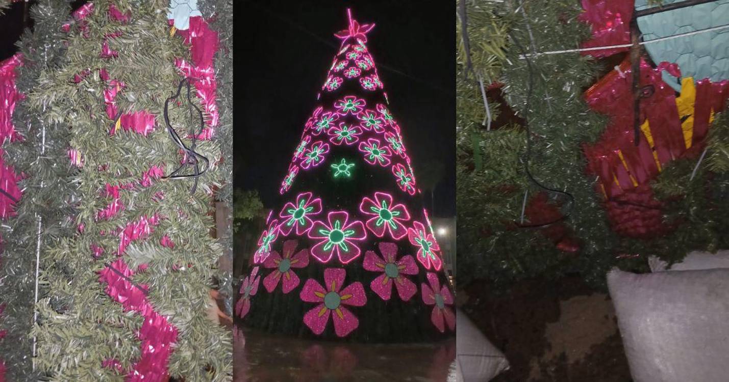 Del Árbol de Navidad de Plaza Botero, gemelo del que hay en el Paseo del Río, se robaron 65 metros de cable dúplex. FOTOS: CORTESÍA EPM