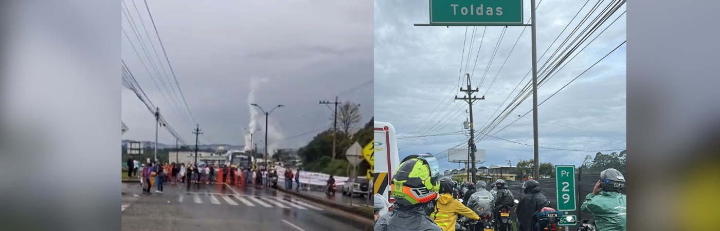 Ambas calzadas de la Medellín-Bogotá fueron bloqueadas por los manifestantes. / FOTOS: DENUNCIAS ANTIOQUIA Y CORTESÍA SANTIAGO LÓPEZ. 