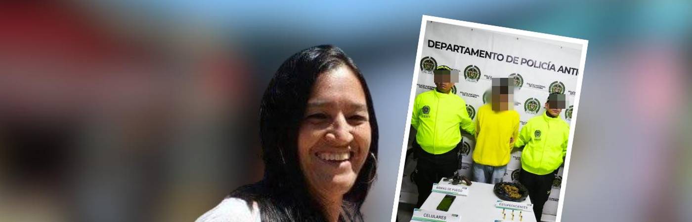 Captura de alias Cumbamba (detalle) e incautación de arma utilizada en el homicidio de lideresa social en Andes (izq.). FOTO: POLICÍA ANTIOQUIA