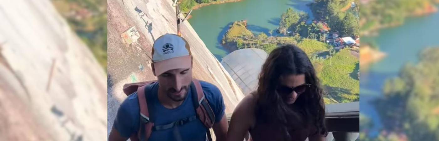 Axel y Mae, turistas franceses que vivieron el terremoto en la Piedra del Peñol. FOTO: CAPTURA DE VIDEO TOMADA DE INSTAGRAM @COUPLEENCAVALE