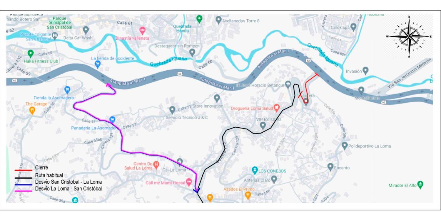 Cierres viales en San Cristóbal. /FOTO: CORTESÍA EPM