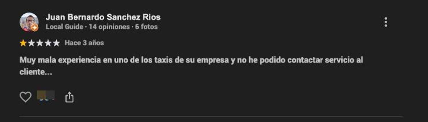 Reseñas en la empresa de taxis supuestamente implicada. FOTO: CORTESÍA