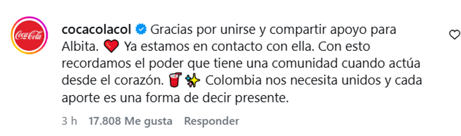 Mensaje de Coca-Cola. FOTO: CAPTURA PANTALLA INSTAGRAM