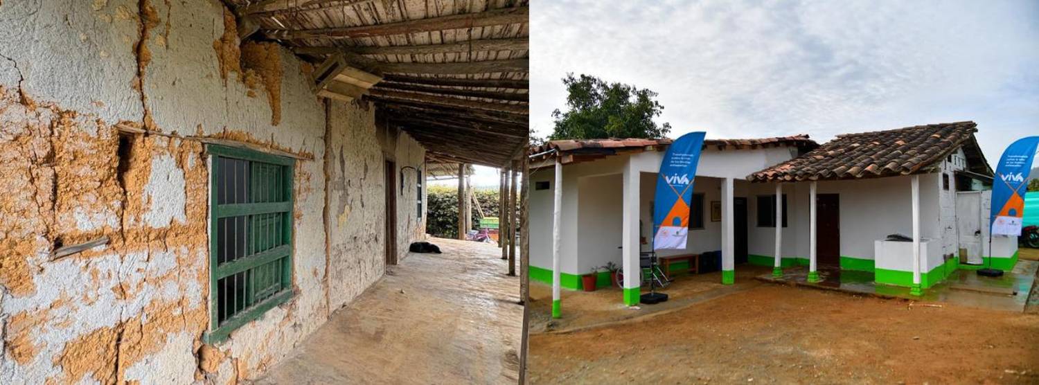Así estaba la casa (Izq.) y en 10 días la remodelaron (Der.). FOTOS: GOBERNACIÓN DE ANTIOQUIA