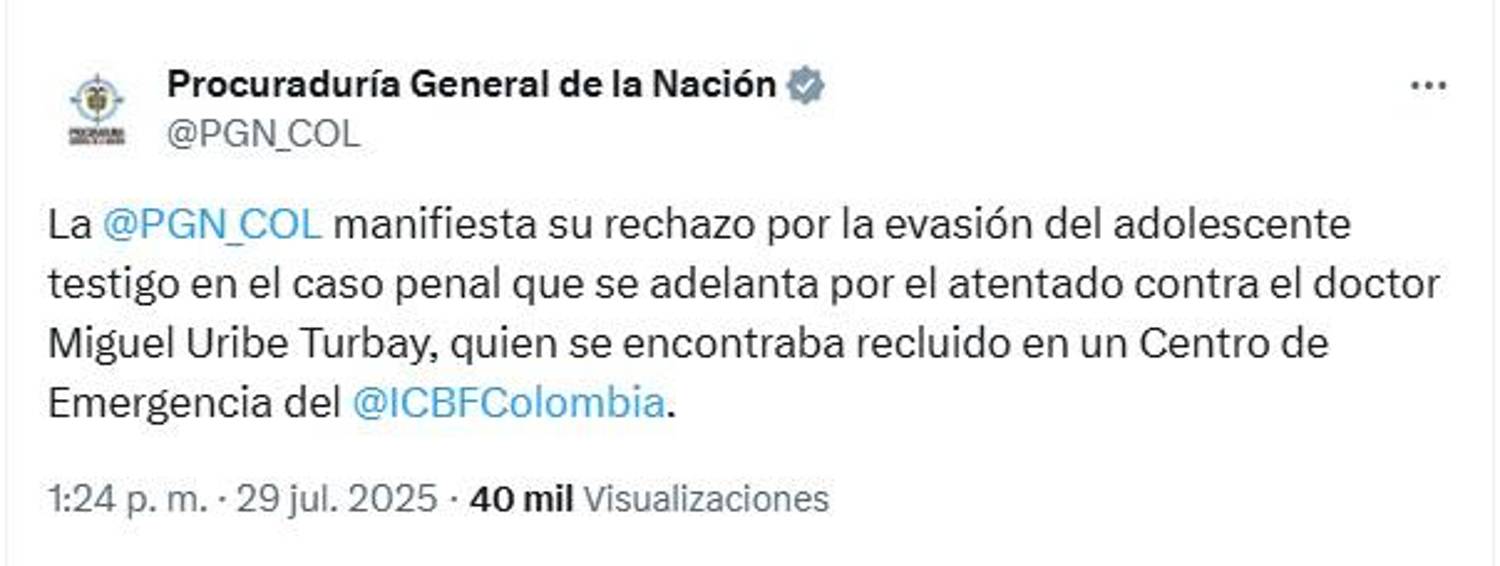 Investigan fuga de menor que se entregó por atentado de Miguel Uribe
