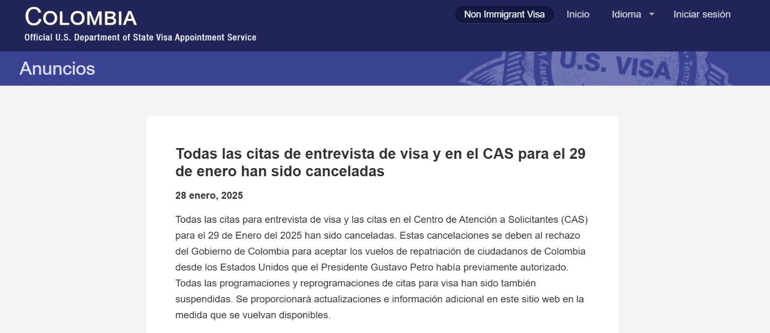 Este es el anuncio oficial de la embajada de Estados Unidos. / FOTO: CAPTURA DE PANTALLA
