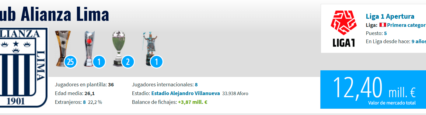 Página de Transfermarkt en la que se ve el valor del club. / FOTO: CAPTURA DE PANTALLA