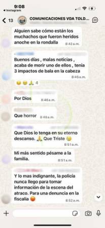 Chat de la comunidad de la vereda Toldas. FOTO: TOMADO DE DIARIORIENTE