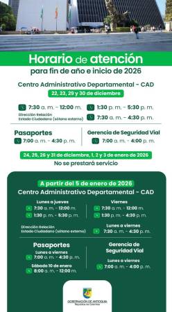 Horario de atención en Gobernación. FOTO: GOBERNACIÓN DE ANTIOQUIA