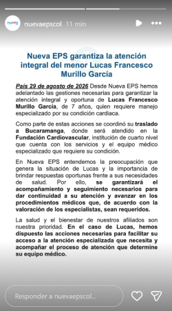 Comunicado Nueva Eps. IMAGEN: INSTAGRAM @NUEVAEPSCOL