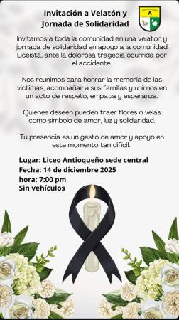 Invitación velatón en memoria de las víctimas. FOTO:@@SOMOSLICEOANTIOQUENO