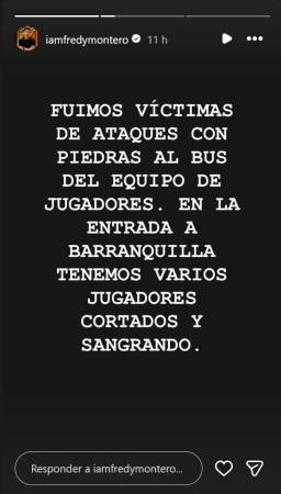 Publicación ataque bus Real Cartagena. FOTO: CAPTURA DE PANTALLA IG IAMFREDYMONTERO