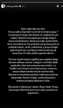 Mensaje que publicó Sofía Jaramillo. FOTO: INSTAGRAM