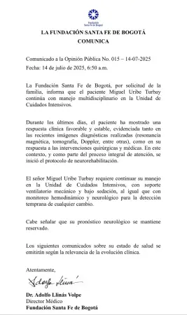 Nuevo parte médico de Miguel Uribe, 14 de julio. /FOTO: CLÍNICA SANTA FE 