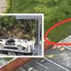 El carro rompió el muro y cayó al abismo en una unidad residencial de la Loma de Los Bernal. FOTO: CORTESÍA