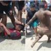 Hasta las mujeres se metieron a golpear al sujeto que habría realizado tocamientos a menores en una playa de Santa Marta. FOTO: CAPTURA VIDEO @LUCHOVOLTIOS