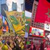 Brasileños y marroquíes armaron tremenda fiesta en Times Square, Estados Unidos, previo a su debut en el Mundial. FOTO: @JONATHANCRANE5 Y REDES SOCIALES