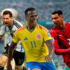 De izquierda a derecha: Lamine Yamal (España), Lionel Messi (Argentina), Jhon Arias (Colombia), Cristiano Ronaldo (Portugal) y Vinícius Jr (Brasil). FOTOS: GETTY (FONDO) Y REDES SOCIALES