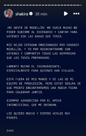 Este fue el comunicado que publicó Shakira en sus redes sociales. / FOTO: @SHAKIRA